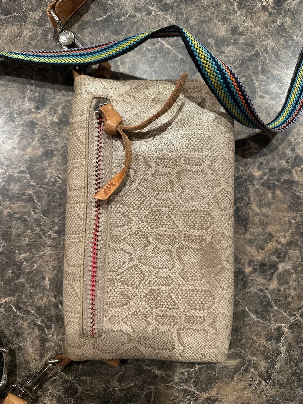 Consuela Beige Snake-Print Crossbody with Rainbow Webbing Strap